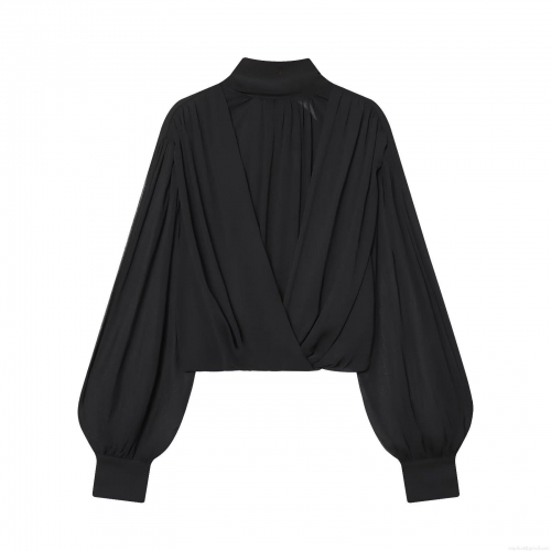 Women's Elegant Black Pleated Chiffon Blouse Long Sleeve Lantern Sleeve Bow Tie Back Stand Collar V Neck Casual Fashion Top For Party Office Lady