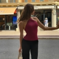 Women's Sexy Halter Neck Backless Tank Top Summer Vacation Sleeveless Slim Fit Cropped Top Wine Red Polyester Spandex Knitwear For Party Date Night