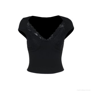 Women's Sexy Slim Fit Lace Patchwork V-Neck Crop Top Short Sleeve Polyester Spandex Ribbed T-Shirt Streetwear Y2K Aesthetic Summer Tee