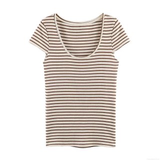 Women's Striped Ribbed Knit T-Shirt Brown White Round Neck Short Sleeve Slim Fit Summer Casual Streetwear Top