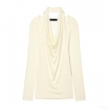 Women's Cutout Draped Neck Long Sleeve Knit Top Creamy White Slim Fit Ribbed T-Shirt Streetwear Casual Spring Autumn Soft Solid Color Pullover For Ladies
