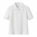 Women's French Style Elegant White Knitted Polo Shirt With 3D Flower Decor Short Sleeve Loose Fit Casual Top For Summer Daily Wear