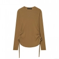 Women's Casual Long Sleeve T-Shirt Side Drawstring Ruched Knit Ribbed Top Slim Fit Solid Color Autumn Fashion Tee For Women Streetwear Base Layer
