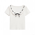 Women's Mercerized Cotton Ribbed Knit T-Shirt Elegant Ruffle Collar Short Sleeve Top With Black Ribbon Bow Casual Summer Blouse For Ladies