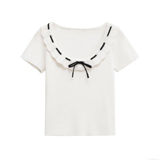 Women's Mercerized Cotton Ribbed Knit T-Shirt Elegant Ruffle Collar Short Sleeve Top With Black Ribbon Bow Casual Summer Blouse For Ladies