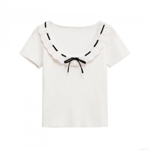 Women's Mercerized Cotton Ribbed Knit T-Shirt Elegant Ruffle Collar Short Sleeve Top With Black Ribbon Bow Casual Summer Blouse For Ladies