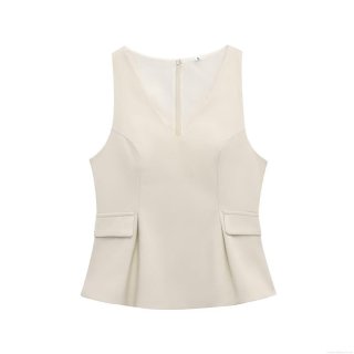 Women's V-Neck Sleeveless Woven Polyester Vest Top With Decorative Pockets Back Zipper Peplum Hem Slim Fit Cream White Blouse For Summer Daily Commute Party Women's V-Neck Sleeveless Woven Polyester Vest Top With Decorative Pockets Back Zipper Peplum Hem Slim Fit Cream White Blouse For Summer Daily Commute Party