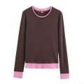 Women's Patchwork Long Sleeve T-Shirt Loose Fit Fake Two-Piece Contrast Color Round Neck Polyester Rib Knit Pullover Casual Streetwear Autumn Top