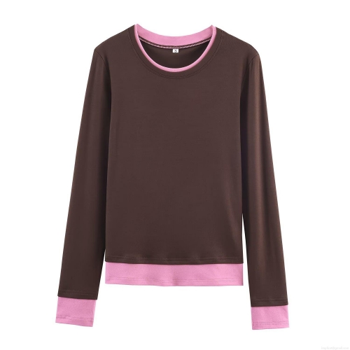 Women's Patchwork Long Sleeve T-Shirt Loose Fit Fake Two-Piece Contrast Color Round Neck Polyester Rib Knit Pullover Casual Streetwear Autumn Top