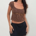Women's Sexy Leopard Print Mesh T-Shirt Vintage Square Neck Short Sleeve Crop Top With Bow Ribbon Lace Trim Slim Fit Streetwear Party Clubwear Summer Fashion