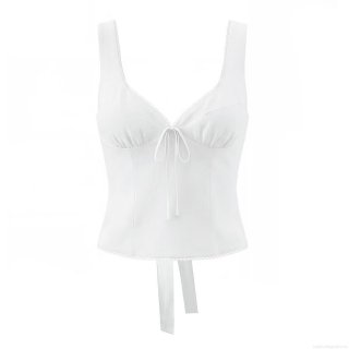 Sexy Women's White V-Neck Camisole With Lace Trim And Bow Tie Cotton Blend Back Zipper Slim Fit Crop Tank Top For Summer Party Clubwear Streetwear