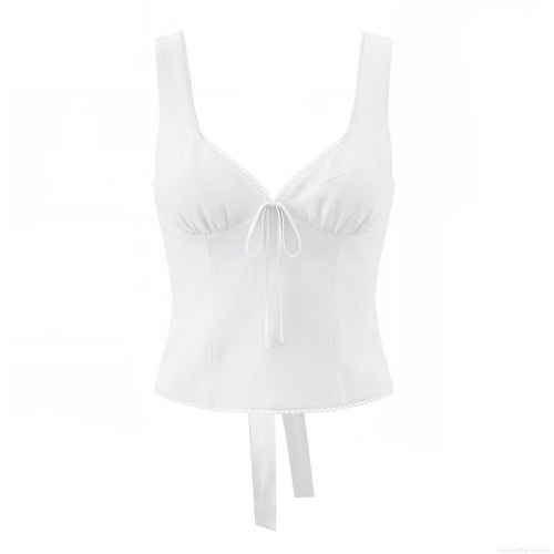 Sexy Women's White V-Neck Camisole With Lace Trim And Bow Tie Cotton Blend Back Zipper Slim Fit Crop Tank Top For Summer Party Clubwear Streetwear