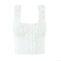 Women 100% Cotton White Eyelet Embroidery Tank Top Ruffle Shoulder Strap Square Neck Button Up Short Cami Top Summer Casual Chic Sweet Sleeveless Blouse