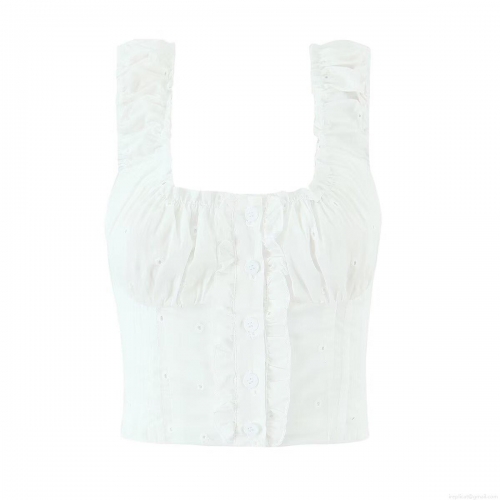 Women 100% Cotton White Eyelet Embroidery Tank Top Ruffle Shoulder Strap Square Neck Button Up Short Cami Top Summer Casual Chic Sweet Sleeveless Blouse