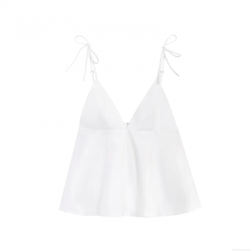 Women Sexy White Twill V-Neck Camisole With Adjustable Tie Straps Backless Satin Tank Top For Summer Party Dating Elegant Solid Color Sleeveless Top