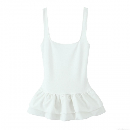 Women's Square Neck Ruffle Hem Tank Top Elegant Polyester Patchwork Sleeveless Peplum Top Slim Fit Solid Color Summer Vest for Ladies Party Casual Wear