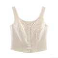 Women's Elegant Satin Sleeveless Tank Top With Front Buttons Polyester Silk Texture Single Breasted Slim Fit Solid Color Summer Casual Top