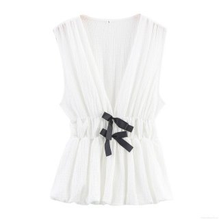 Women's Sweet V-Neck Sleeveless Top With Black Bow Decor Textured Pleated Peplum Cami Slim Fit Polyester Cotton Blend Blouse For Date Party