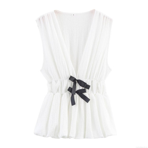 Women's Sweet V-Neck Sleeveless Top With Black Bow Decor Textured Pleated Peplum Cami Slim Fit Polyester Cotton Blend Blouse For Date Party