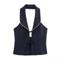 Women's Sexy Halter Neck V Neck Camisole With Bow Tie White Lace Trim Slim Fit Polyester Sleeveless Tank Top For Summer Party Clubwear