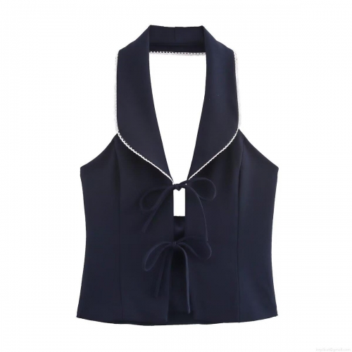 Women's Sexy Halter Neck V Neck Camisole With Bow Tie White Lace Trim Slim Fit Polyester Sleeveless Tank Top For Summer Party Clubwear