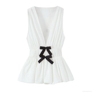 Women's Polyester V-Neck Sleeveless Tank Top With Black Bow Accent Pleated Hem Textured Slim Fit Sweet Summer Camisole Top