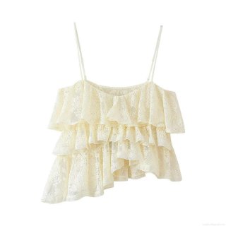 Women's Elegant Lace Camisole Tank Top Multi Layered Ruffle Tiered Irregular Hem Sleeveless Strappy Crop Top For Summer Party Dating Off-white