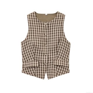 Women Gingham Plaid Vest Top Sleeveless V Neck Single Breasted Cropped Waistcoat Retro Slim Fit Tank Top For Summer Autumn Elegant Casual Brown White Women Gingham Plaid Vest Top Sleeveless V Neck Single Breasted Cropped Waistcoat Retro Slim Fit Tank Top For Summer Autumn Elegant Casual Brown White