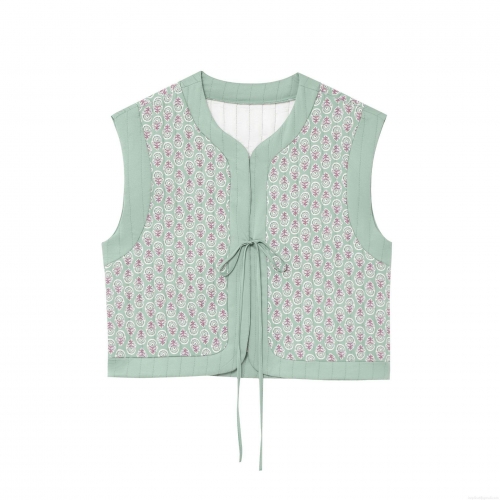 Vintage Floral Print Quilted Vest For Women Sleeveless Tie-Front Waistcoat Retro Cottagecore Style Padded Tank Top Spring Autumn Outerwear