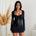 Women's Slim Fit Long Sleeve T-Shirt Square Neck Ruched Front Split Hem Solid Color Casual Basic Top Elegant Streetwear Blouse for Autumn Spring