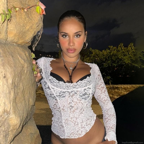Women's Sexy Lace T-Shirt Polyester Hollow Out Patchwork Long Sleeve Cropped Top White Floral Mesh V-Neck Blouse Slim Fit Party Clubwear Streetwear For Ladies