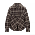 Women's Vintage Brown Plaid Long Sleeve Shirt Waist Narrowing Button Up Flannel Texture Blouse Casual Checkered Top For Ladies