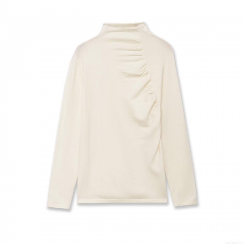 Women's Elegant Pleated Shoulder Mock Neck Long Sleeve T-Shirt Solid Color Slim Fit Knitted Top For Autumn Winter Casual Soft Polyester Pullover Blouse