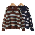 Women's American Retro Stripe Knit Polo Sweater Wool Blend Long Sleeve Contrast Color Polo Collar Button Down Sexy Hot Girl Style Streetwear Top