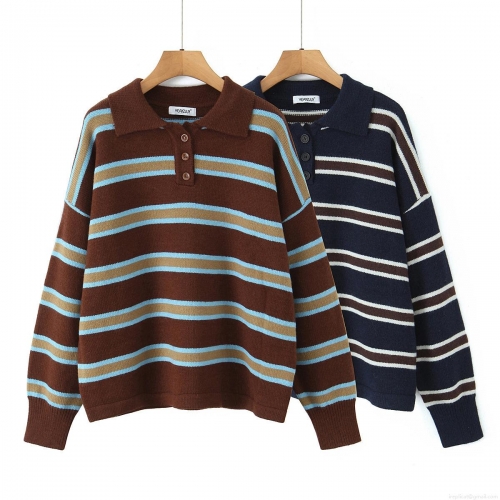Women's American Retro Stripe Knit Polo Sweater Wool Blend Long Sleeve Contrast Color Polo Collar Button Down Sexy Hot Girl Style Streetwear Top