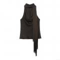 Women's Elegant Satin Halter Top Sleeveless Cowl Neck Cami Shirt With Long Tassel Scarf Detail Sexy Backless Solid Color Party Tank Top For Lady