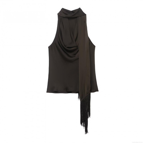 Women's Elegant Satin Halter Top Sleeveless Cowl Neck Cami Shirt With Long Tassel Scarf Detail Sexy Backless Solid Color Party Tank Top For Lady