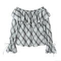 Women's Plaid Off-Shoulder Blouse Ruffle Long Sleeve Polyester Casual Top Sweet Flare Sleeve Shirt With Ties
