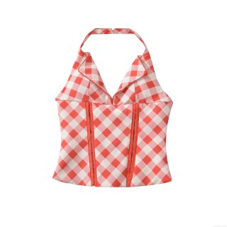 Women's Red and White Plaid Halter Neck Top Backless Lace Up Corset Style Tank Top With Side Zipper Sexy Slim Fit Polyester Crop Top For Summer Party Gingham Camisole