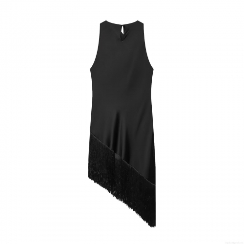 Women's Satin Cowl Neck Sleeveless Top Asymmetric Hem Long Tassel Fringed Blouse Elegant Party Streetwear Solid Black Polyester Satin Shirt