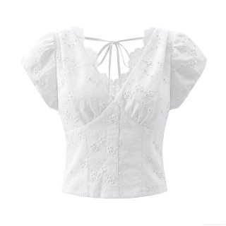 Women Fashion V-Neck Embroidery Hollow Out Blouse Short Sleeve Puff Sleeve Top Elegant Back Zipper Tie Design Sweet Style Women's Clothing