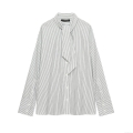 Women's Elegant Black And White Striped Long Sleeve Shirt With Bow Tie Neck Button Down Poplin Blouse Tops For Office Date Ladies Casual Fashion