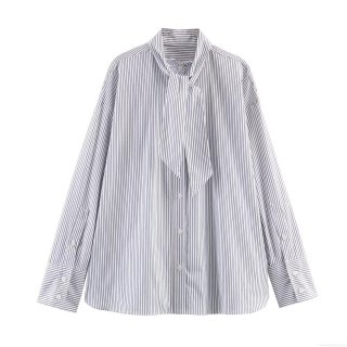 Women's Fashion Striped Poplin Shirt Scarf Tie Neck Long Sleeve Blouse Casual Office Work Button Down Tops Sweet Streetwear Ladies Clothing