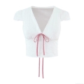 Women's White Cotton Eyelet Embroidery V Neck Crop Top Blouse With Red Gingham Tie Bow French Retro Sweet Short Sleeve Shirt For Summer Daily