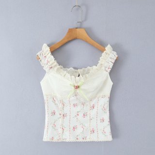 French Pastoral Sweet Floral Embroidery Lace Patchwork Camisole Top For Women Sexy Vintage Bow Decor Sleeveless Crop Top Summer Vacation Tank Top French Pastoral Sweet Floral Embroidery Lace Patchwork Camisole Top For Women Sexy Vintage Bow Decor Sleeveless Crop Top Summer Vacation Tank Top