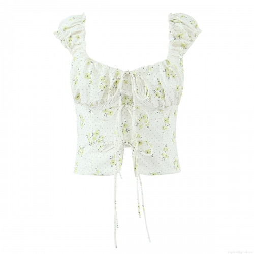 French Vintage Floral Cropped Top Women Off Shoulder Puff Sleeve Lace Up Blouse Summer Cottagecore Slim Fit Square Neck Short Sleeve Top For Vacation Daily Wear French Vintage Floral Cropped Top Women Off Shoulder Puff Sleeve Lace Up Blouse Summer Cottagecore Slim Fit Square Neck Short Sleeve Top For Vacation Daily Wear
