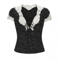 Women's Vintage Polka Dot Blouse 100% Rayon Lace Patchwork V-Neck Short Sleeve Top With Bow Tie Fashion Casual Summer Shirts For Women