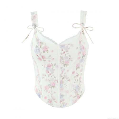 French Retro Floral Lace Mesh Corset Top Sexy Fishbone Camisole Women's Sweet Bustier With Bow Tie Straps Slim Fit Summer Party Clothing