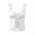 Sexy V-Neck Lace Trim Satin Patchwork Camisole Top For Women Sleeveless Slim Fit Polyester Tank Top Summer Elegant Party Clubwear White