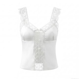 Sexy V-Neck Lace Trim Satin Patchwork Camisole Top For Women Sleeveless Slim Fit Polyester Tank Top Summer Elegant Party Clubwear White